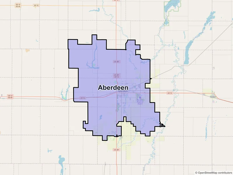 Map of Aberdeen, South Dakota and ZIP codes