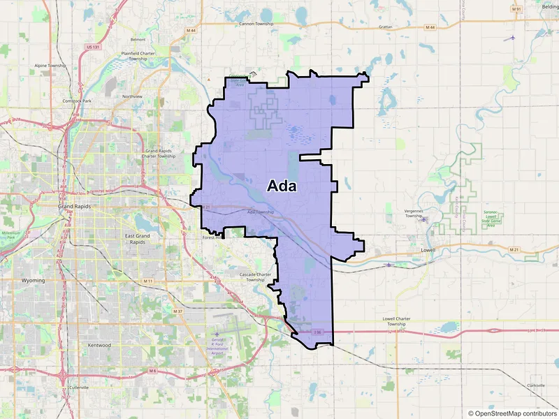 Map of Ada, Michigan and ZIP codes