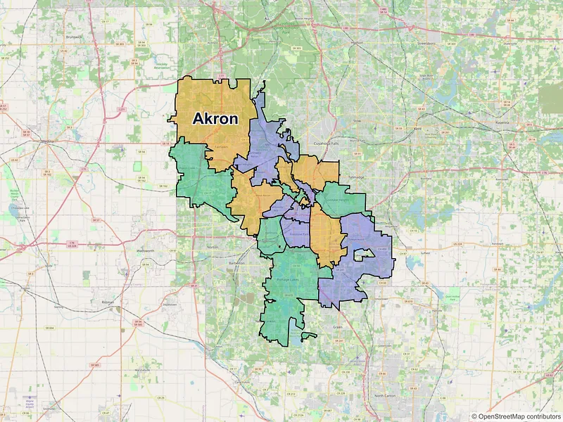 Map of Akron, Ohio and ZIP codes