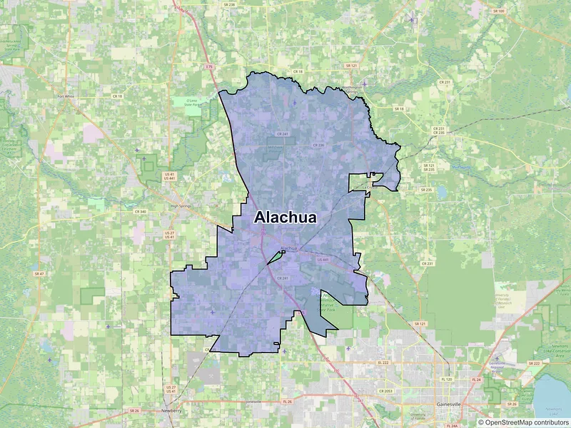 Map of Alachua, Florida and ZIP codes