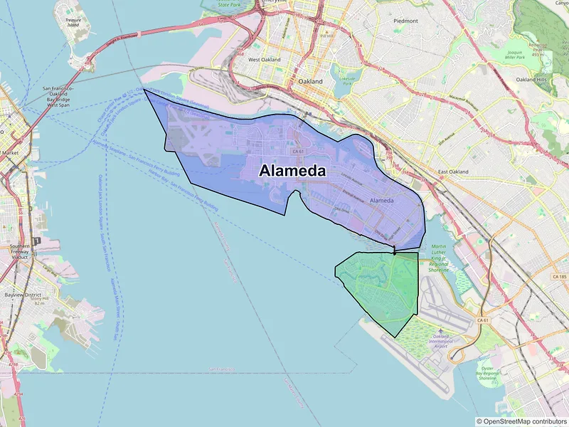 Map of Alameda, California and ZIP codes