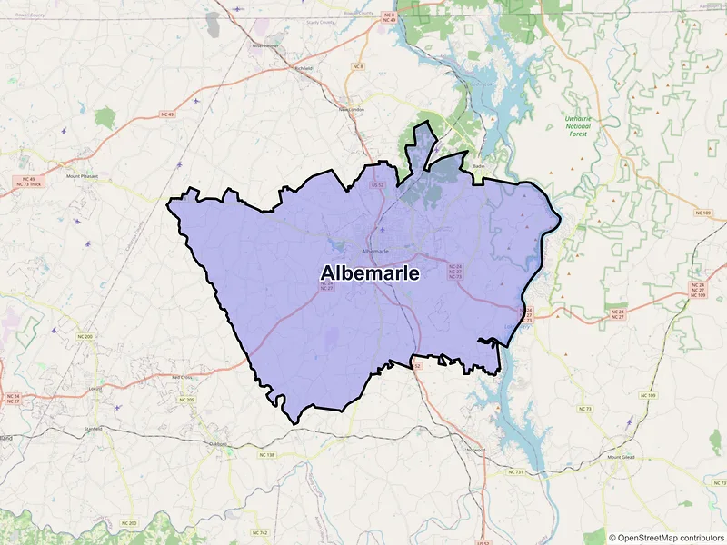 Map of Albemarle, North Carolina and ZIP codes