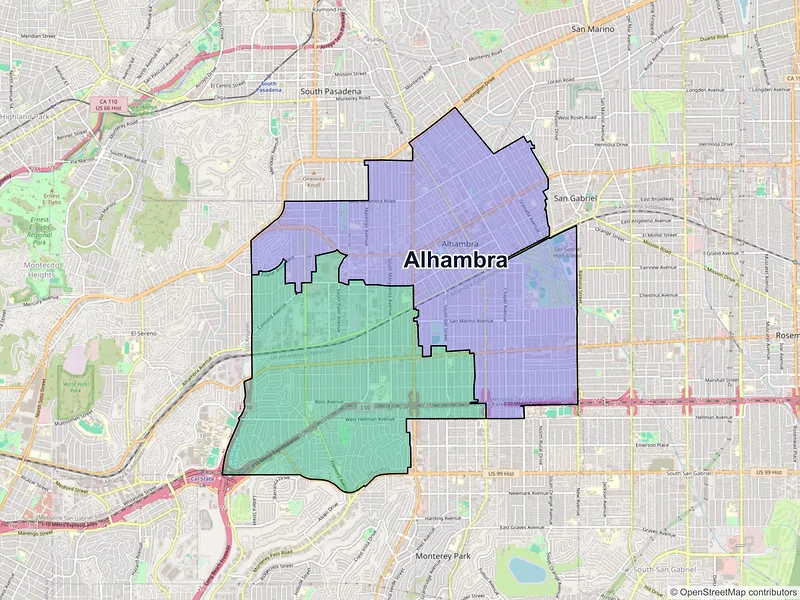 Map of Alhambra, California and ZIP codes