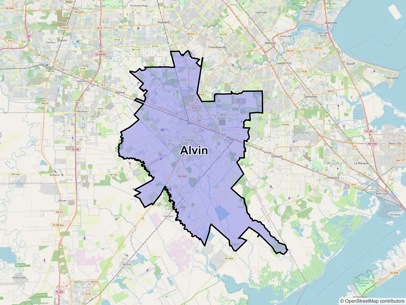 Map of Alvin, Texas and ZIP codes