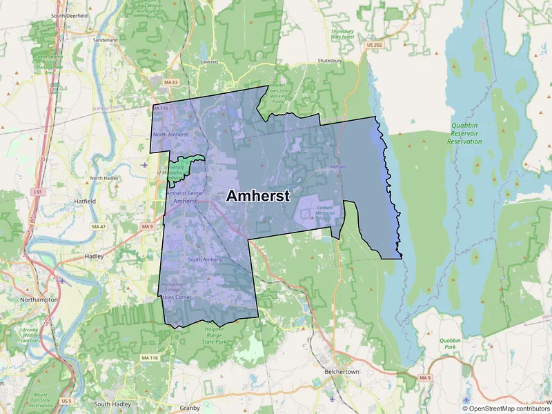Map of Amherst, Massachusetts and ZIP codes