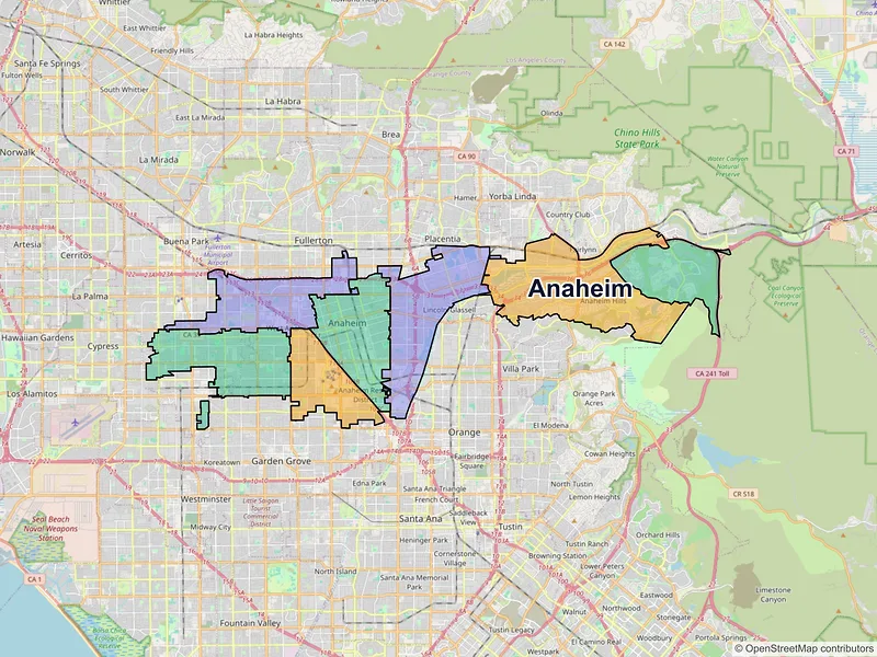 Map of Anaheim, California and ZIP codes