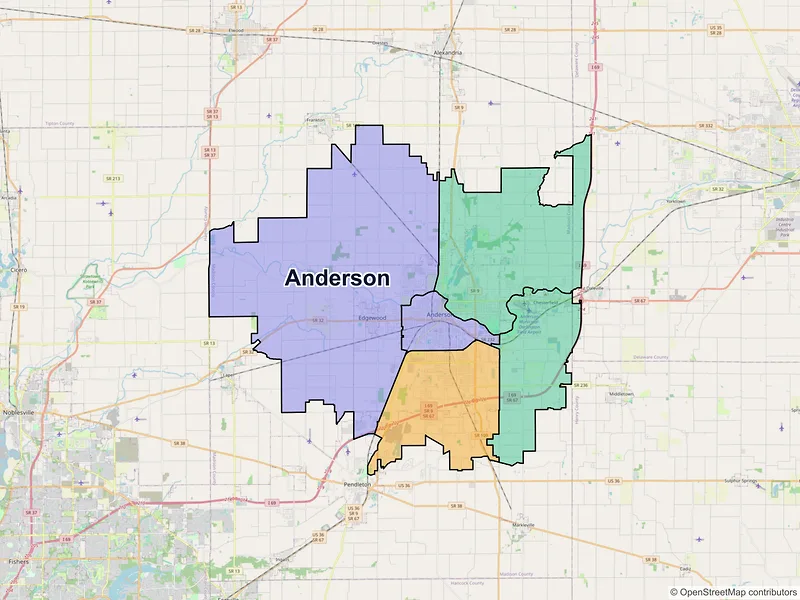 Map of Anderson, Indiana and ZIP codes