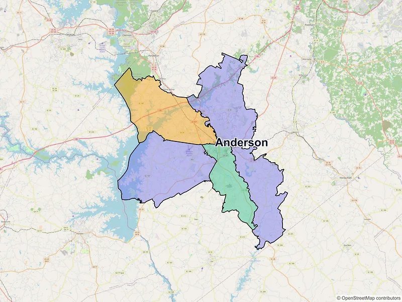 Map of Anderson, South Carolina and ZIP codes
