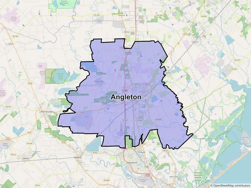 Map of Angleton, Texas and ZIP codes