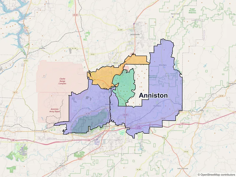Map of Anniston, Alabama and ZIP codes