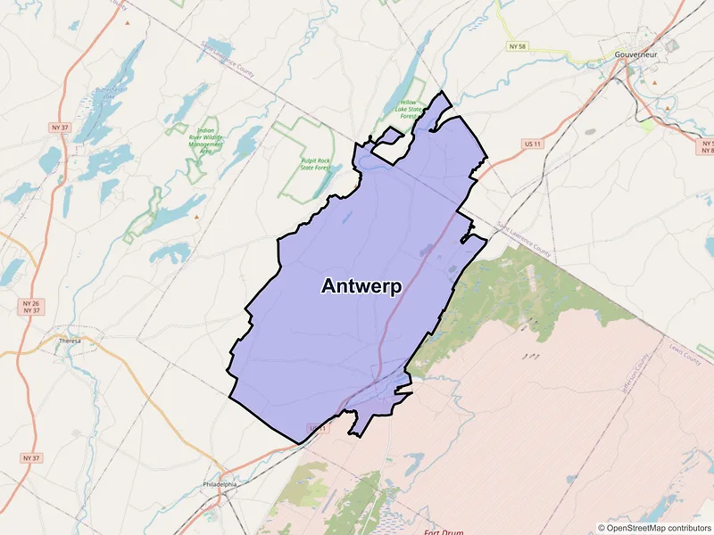 Map of Antwerp, New York and ZIP codes