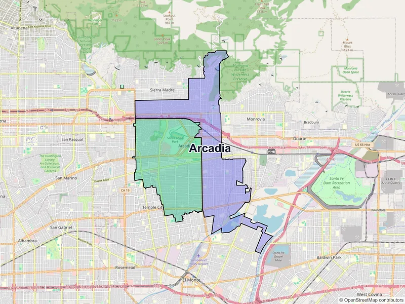 Map of Arcadia, California and ZIP codes