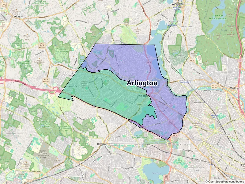 Map of Arlington, Massachusetts and ZIP codes