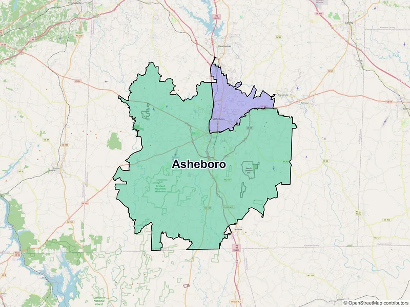 Map of Asheboro, North Carolina and ZIP codes