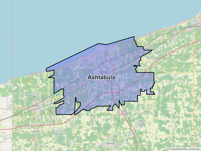 Map of Ashtabula, Ohio and ZIP codes