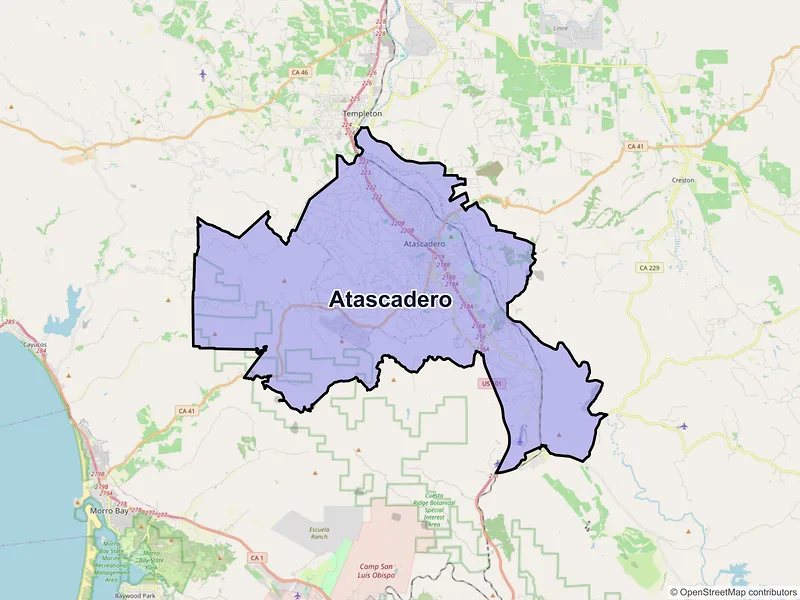 Map of Atascadero, California and ZIP codes