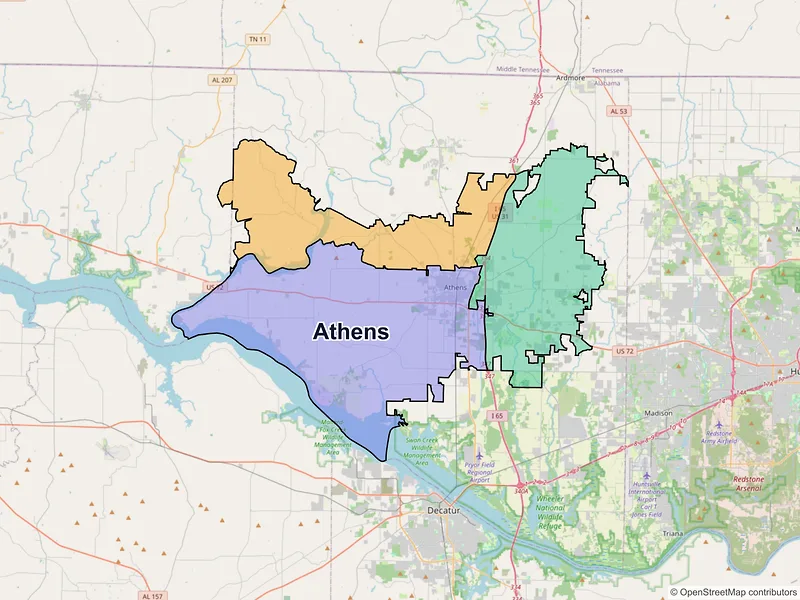 Map of Athens, Alabama and ZIP codes