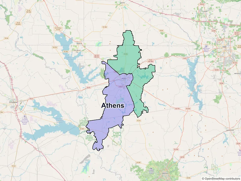 Map of Athens, Texas and ZIP codes