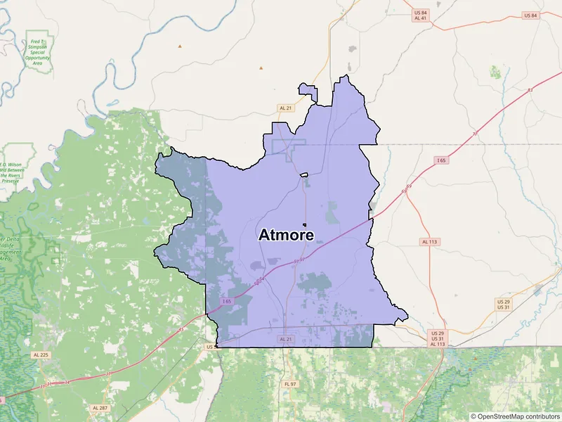 Map of Atmore, Alabama and ZIP codes