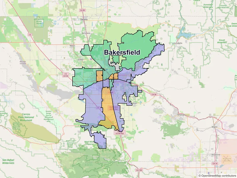 Map of Bakersfield, California and ZIP codes