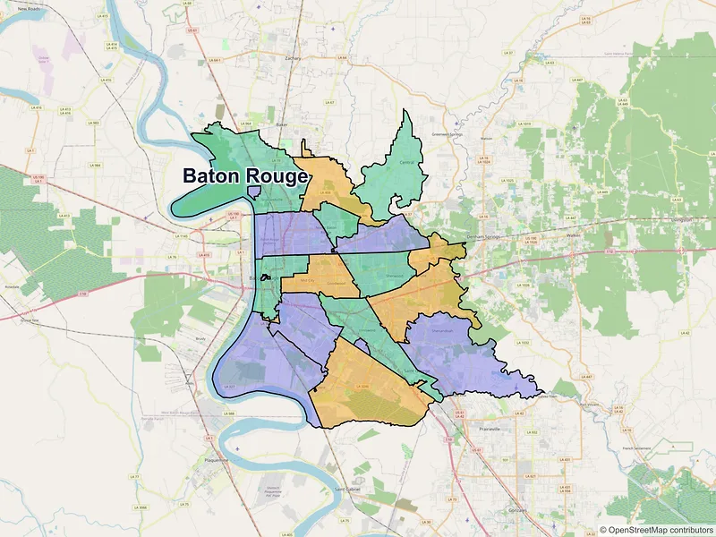 Map of Baton Rouge, Louisiana and ZIP codes