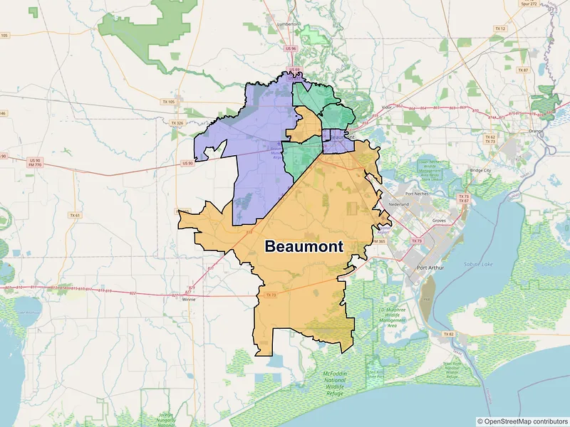 Map of Beaumont, Texas and ZIP codes