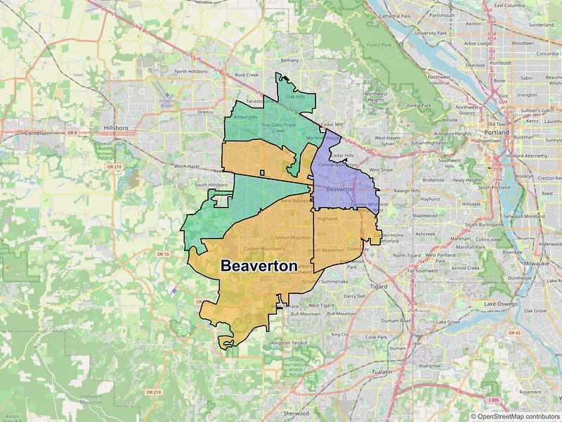 Map of Beaverton, Oregon and ZIP codes