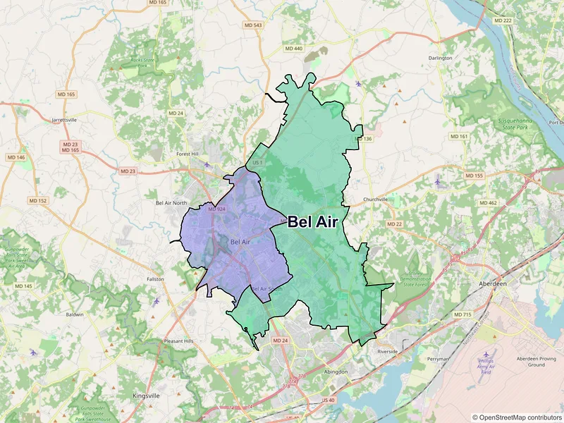 Map of Bel Air, Maryland and ZIP codes