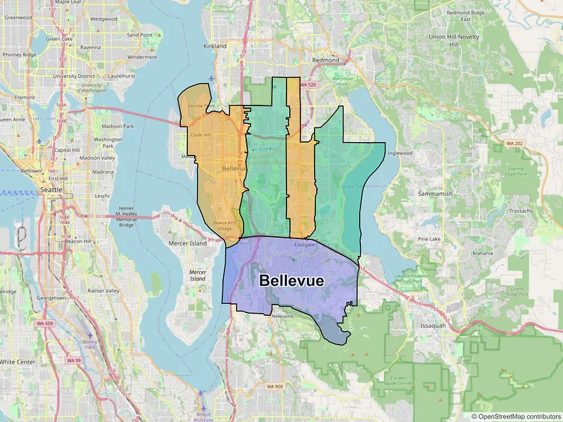Map of Bellevue, Washington and ZIP codes