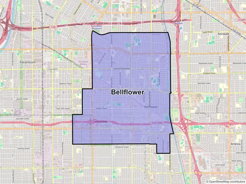 Map of Bellflower, California and ZIP codes