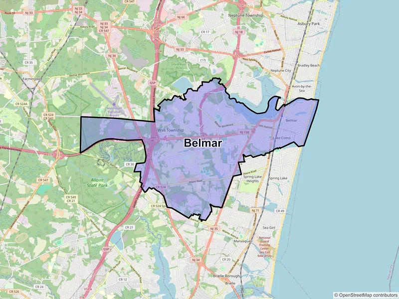 Map of Belmar, New Jersey and ZIP codes