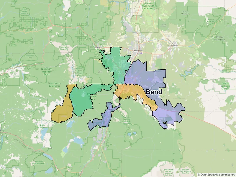Map of Bend, Oregon and ZIP codes