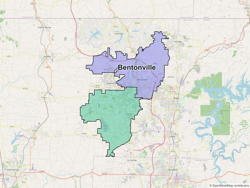 Map of Bentonville, Arkansas and ZIP codes