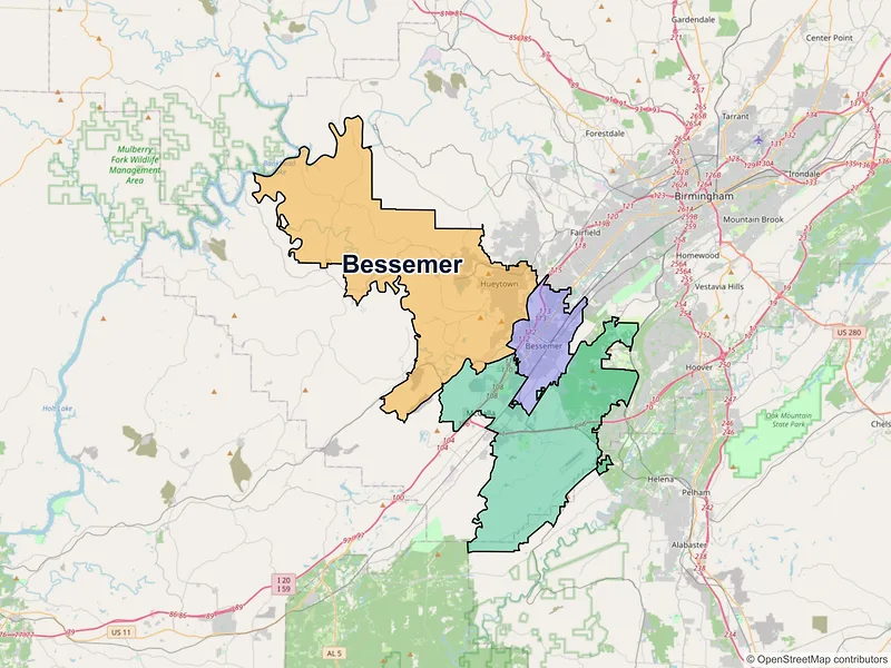 Map of Bessemer, Alabama and ZIP codes
