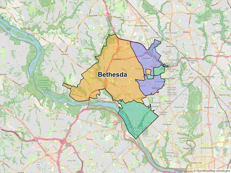 Map of Bethesda, Maryland and ZIP codes