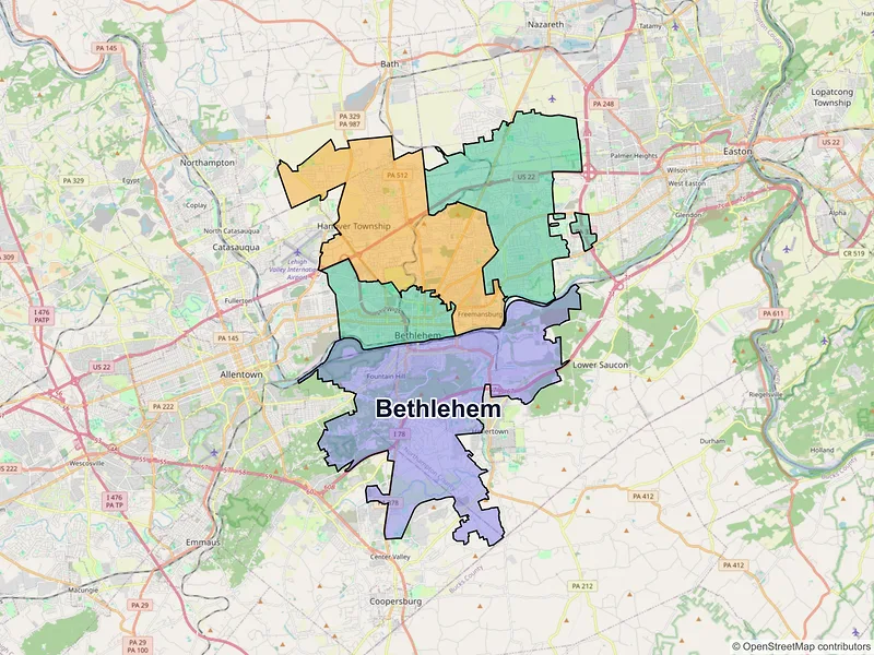 Map of Bethlehem, Pennsylvania and ZIP codes
