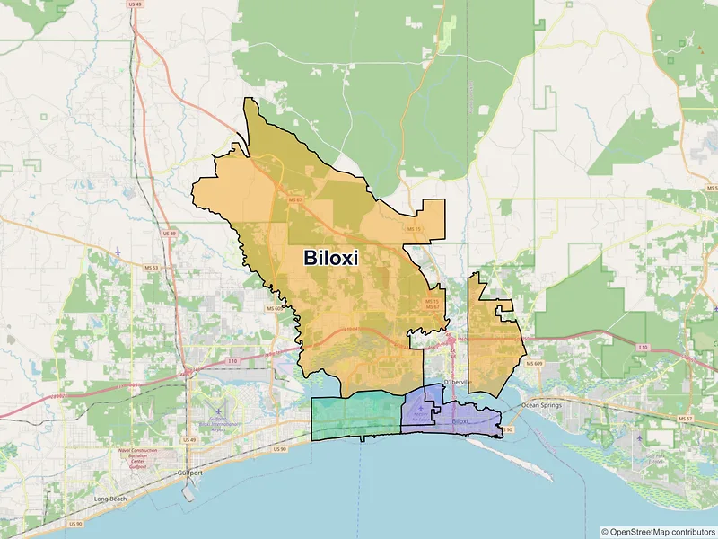 Map of Biloxi, Mississippi and ZIP codes