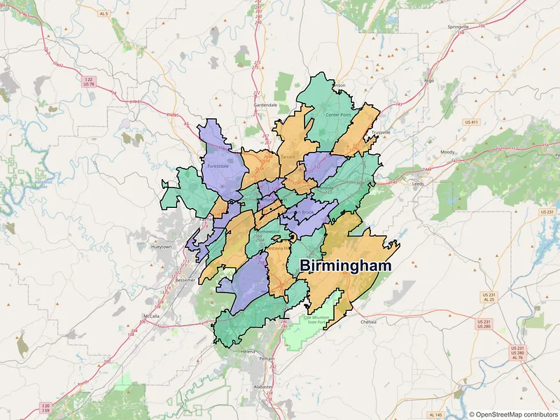 Map of Birmingham, Alabama and ZIP codes