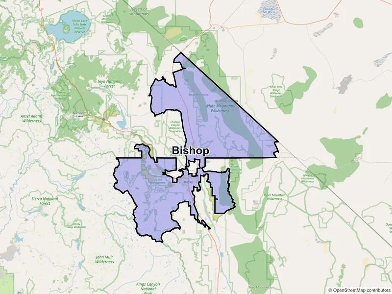Map of Bishop, California and ZIP codes