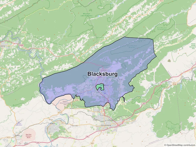 Map of Blacksburg, Virginia and ZIP codes