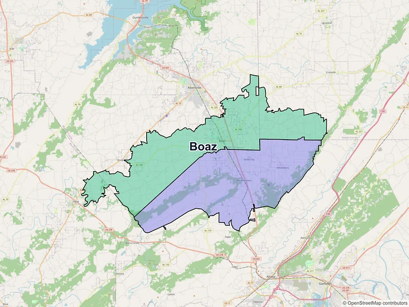 Map of Boaz, Alabama and ZIP codes