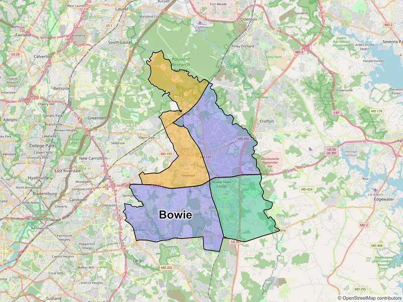 Map of Bowie, Maryland and ZIP codes
