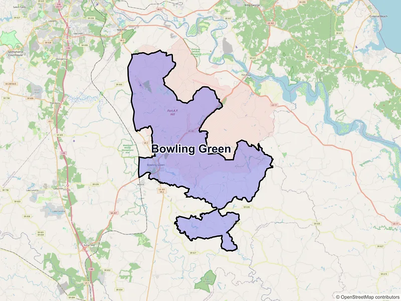 Map of Bowling Green, Virginia and ZIP codes