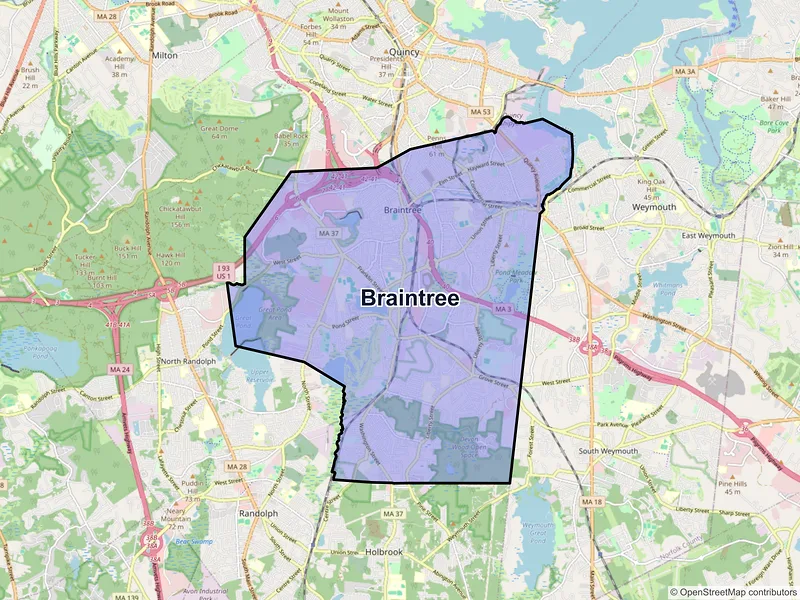 Map of Braintree, Massachusetts and ZIP codes