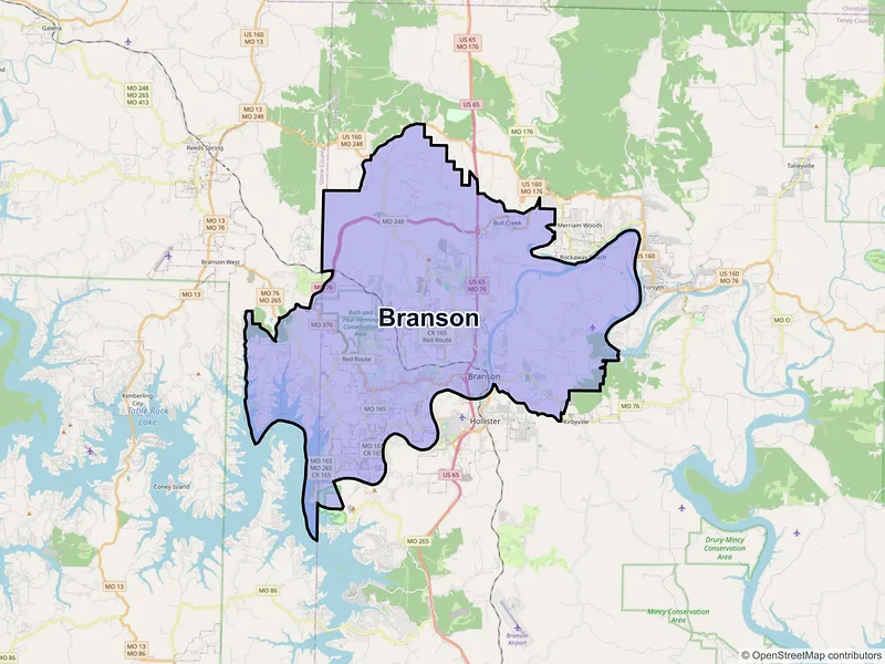 Map of Branson, Missouri and ZIP codes