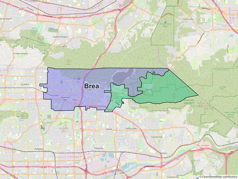 Map of Brea, California and ZIP codes