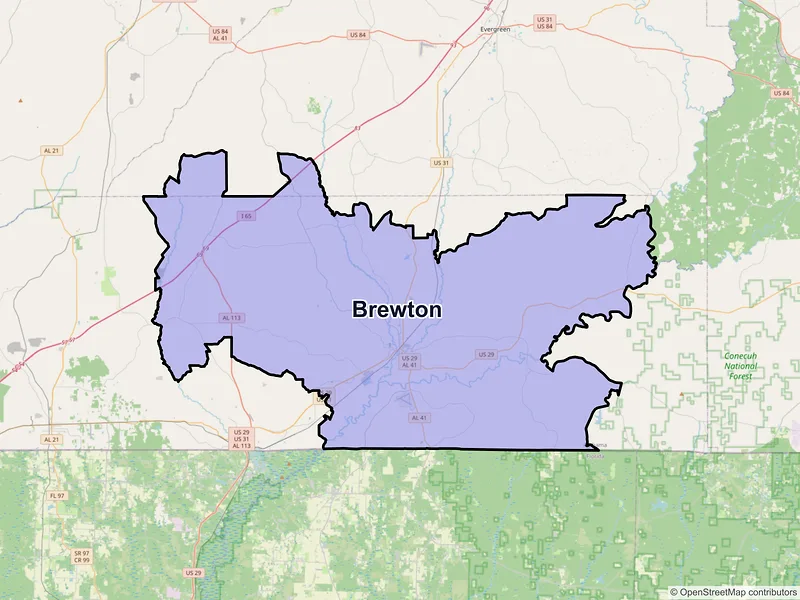 Map of Brewton, Alabama and ZIP codes