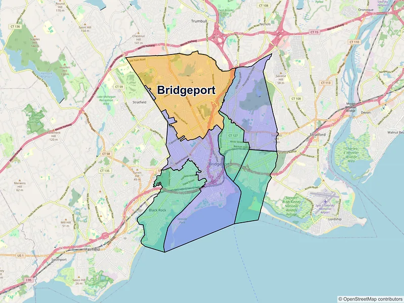 Map of Bridgeport, Connecticut and ZIP codes