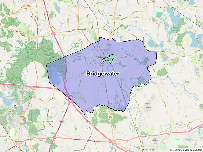 Map of Bridgewater, Massachusetts and ZIP codes