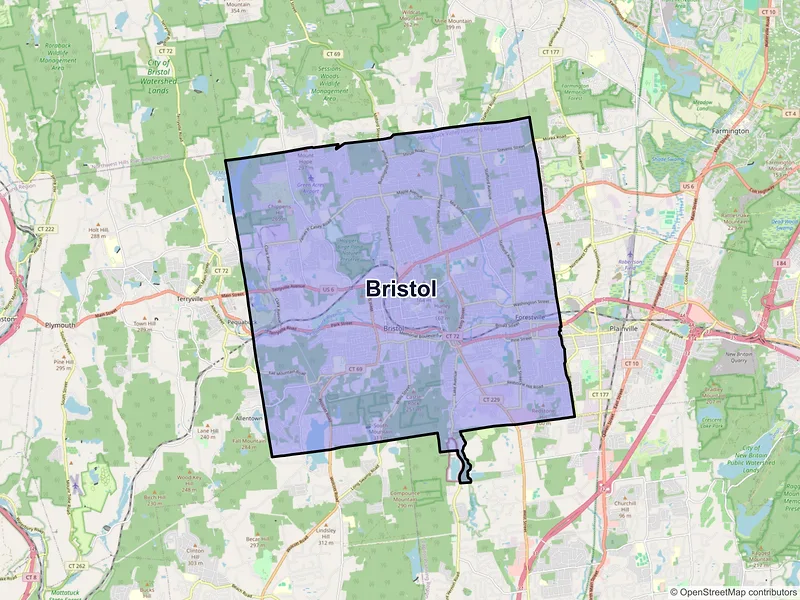Map of Bristol, Connecticut and ZIP codes